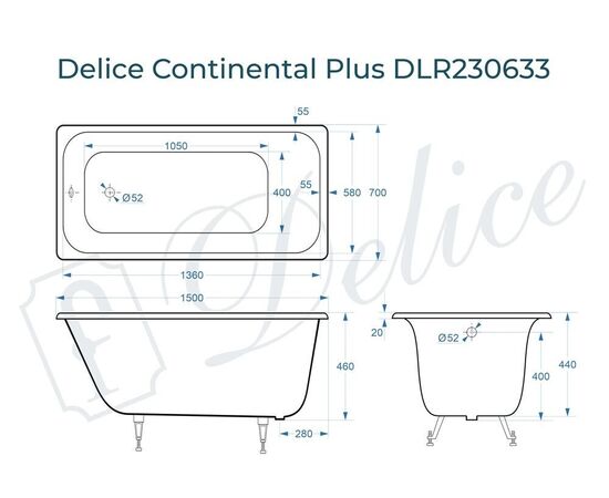 Ванна чугунная Delice Continental PLUS 150х70 DLR230633_, изображение 4
