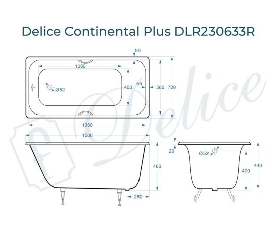 Ванна чугунная Delice Continental PLUS 150х70 с отверстиями под ручки DLR230633R_, изображение 4