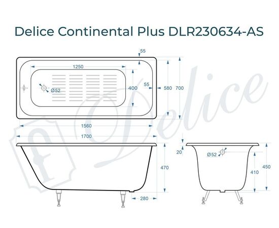 Ванна чугунная Delice Continental PLUS 170х70 с антискользящим покрытием DLR230634-AS_, изображение 4