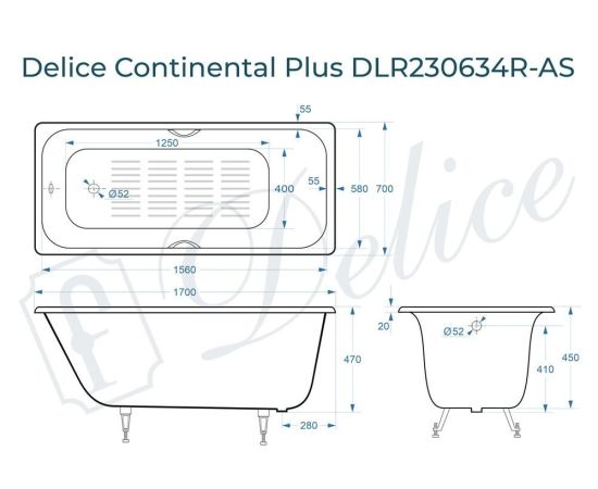Ванна чугунная Delice Continental PLUS 170х70 с отверстиями под ручки и антискользящим покрытием DLR230634R-AS_, изображение 4