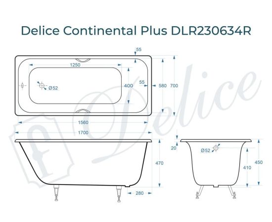 Ванна чугунная Delice Continental PLUS 170х70 с отверстиями под ручки DLR230634R_, изображение 4