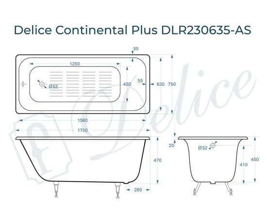 Ванна чугунная Delice Continental PLUS 170х75 с антискользящим покрытием DLR230635-AS_, изображение 4