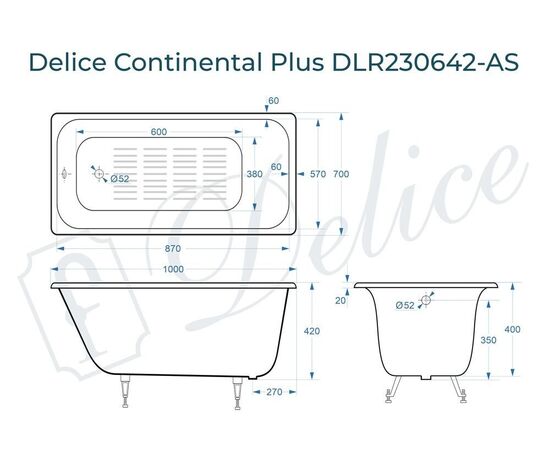 Ванна чугунная Delice Continental PLUS 100х70 с антискользящим покрытием DLR230642-AS_, изображение 3