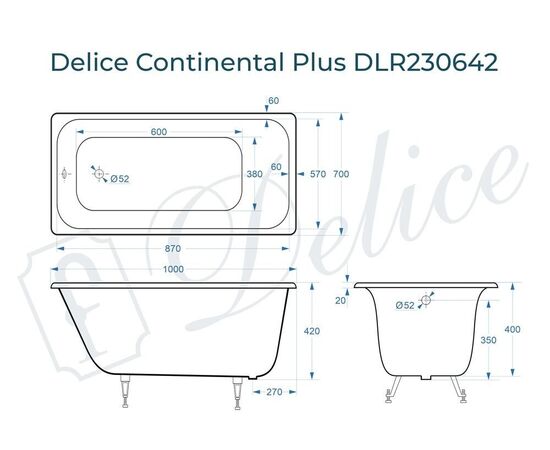 Ванна чугунная Delice Continental PLUS 100х70 DLR230642_, изображение 3