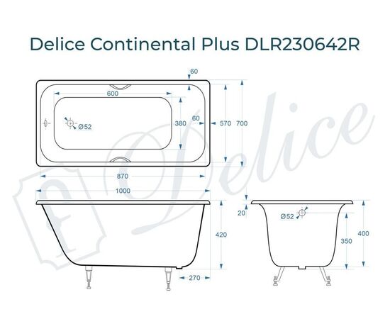 Ванна чугунная Delice Continental PLUS 100х70 с отверстиями под ручки DLR230642R_, изображение 3