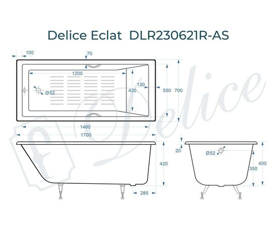 Ванна чугунная Delice Eclat 170х70 с отверстиями под ручки и антискользящим покрытием DLR230621R-AS_, изображение 4
