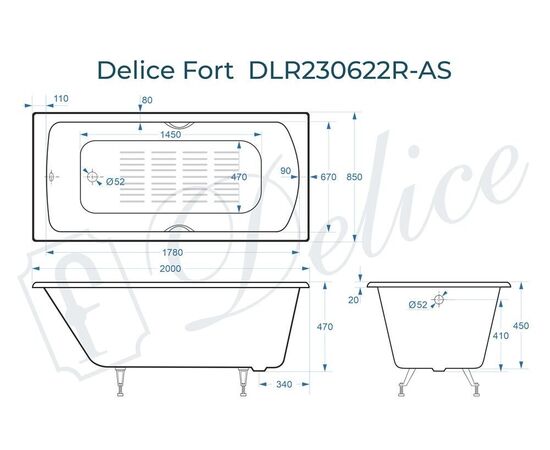 Ванна чугунная Delice Fort 200х85 с отверстиями под ручки и антискользящим покрытием DLR230622R-AS_, изображение 3