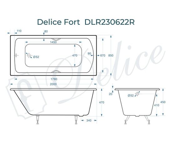 Ванна чугунная Delice Fort 200х85 с отверстиями под ручки DLR230622R_, изображение 3