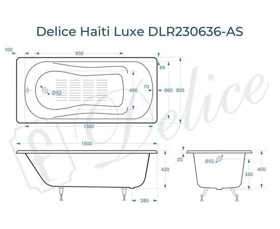 Ванна чугунная Delice Haiti Luxe 150х80 с антискользящим покрытием DLR230636-AS_, изображение 3
