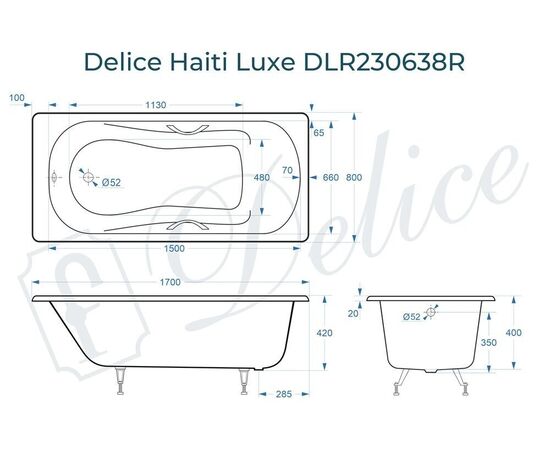 Ванна чугунная Delice Haiti Luxe 170х80 с отверстиями под ручки DLR230638R_, изображение 3