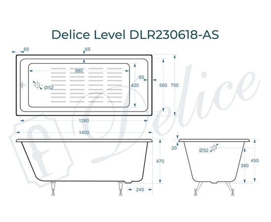 Ванна чугунная Delice Level 140х70 с антискользящим покрытием DLR230618-AS_, изображение 4