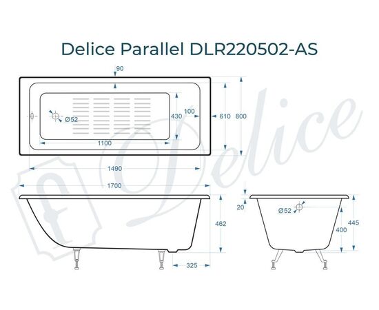 Ванна чугунная Delice Parallel 170х80 с антискользящим покрытием DLR220502-AS_, изображение 3