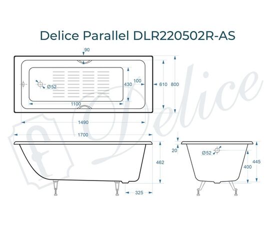 Ванна чугунная Delice Parallel 170х80 с черными матовыми ручками и антискользящим покрытием DLR220502RB-AS_, изображение 4