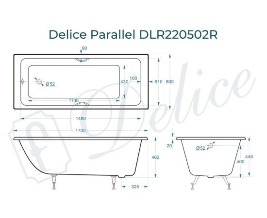 Ванна чугунная Delice Parallel 170х80 с черными матовыми ручками DLR220502RB_, изображение 4