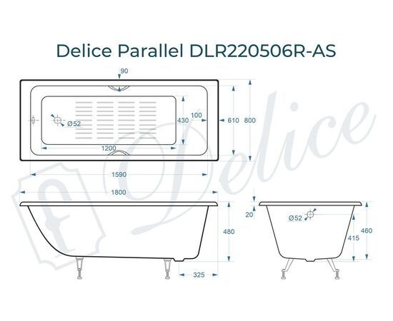 Ванна чугунная Delice Parallel 180х80 с ручками и антискользящим покрытием DLR220506R-AS_, изображение 3