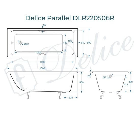 Ванна чугунная Delice Parallel 180х80 с черными матовыми ручками DLR220506RB_, изображение 4