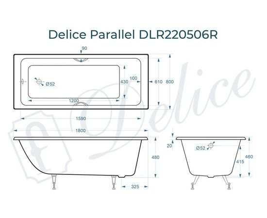 Ванна чугунная Delice Parallel 180х80 с ручками DLR220506R_, изображение 3
