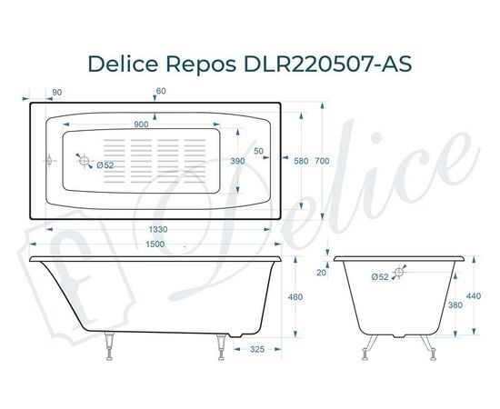 Ванна чугунная Delice Repos 150х70 с антискользящим покрытием DLR220507-AS_, изображение 3