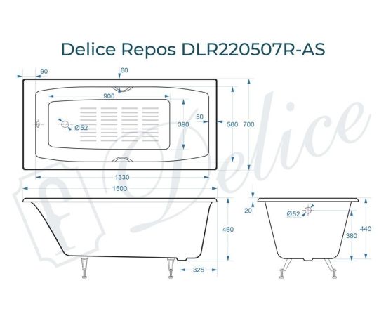 Ванна чугунная Delice Repos 150х70 с черными матовыми ручками и антискользящим покрытием DLR220507RB-AS_, изображение 4