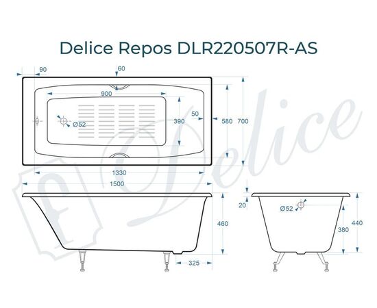 Ванна чугунная Delice Repos 150х70 с ручками и антискользящим покрытием DLR220507R-AS_, изображение 3