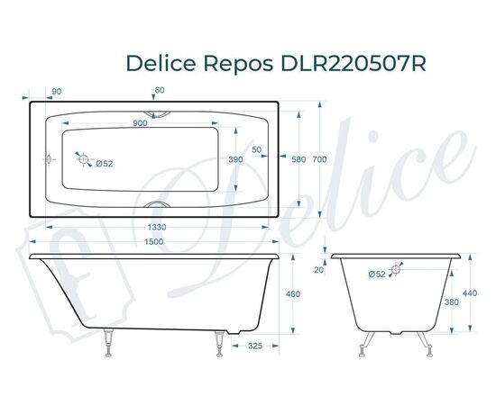 Ванна чугунная Delice Repos 150х70 с черными матовыми ручками DLR220507RB_, изображение 4
