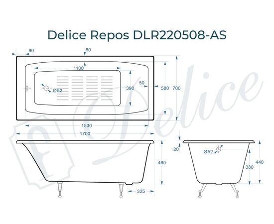 Ванна чугунная Delice Repos 170х70 с антискользящим покрытием DLR220508-AS_, изображение 3