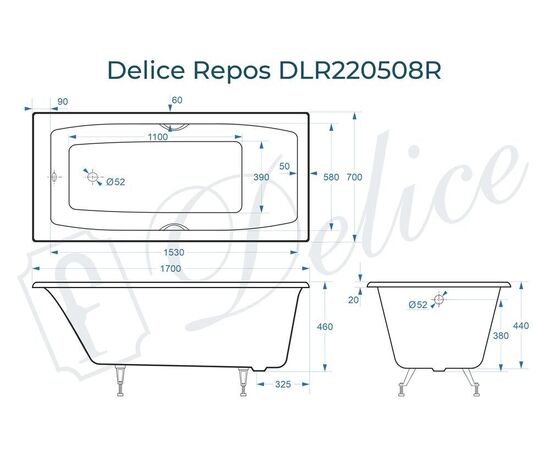 Ванна чугунная Delice Repos 170х70 с ручками DLR220508R_, изображение 3