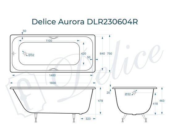 Ванна чугунная Delice Aurora 160х75 с отверстиями под ручки DLR230604R_, изображение 3