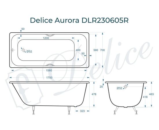 Ванна чугунная Delice Aurora 170х70 с отверстиями под ручки DLR230605R_, изображение 5