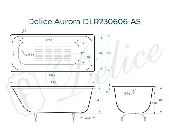 Ванна чугунная Delice Aurora 170х75 с антискользящим покрытием DLR230606-AS_, изображение 4