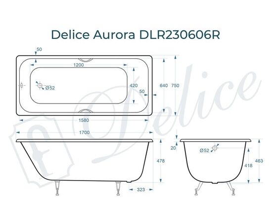 Ванна чугунная Delice Aurora 170х75 с отверстиями под ручки DLR230606R_, изображение 5