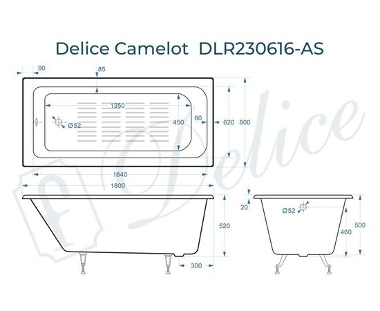 Ванна чугунная Delice Camelot 180х80 с антискользящим покрытием DLR230616-AS_, изображение 5