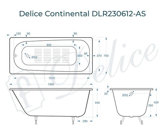 Ванна чугунная Delice Continental 150х70 с антискользящим покрытием DLR230612-AS_, изображение 5