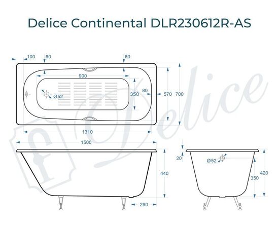 Ванна чугунная Delice Continental 150х70 с отверстиями под ручки и антискользящим покрытием DLR230612R-AS_, изображение 4