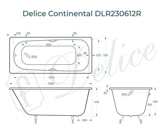 Ванна чугунная Delice Continental 150х70 с отверстиями под ручки DLR230612R_, изображение 4