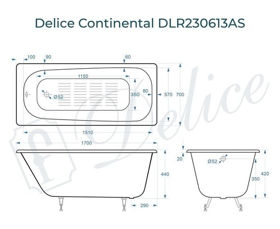 Ванна чугунная Delice Continental 170х70 с антискользящим покрытием DLR230613-AS_, изображение 4