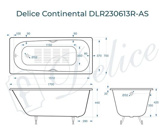 Ванна чугунная Delice Continental 170х70 с отверстиями под ручки и антискользящим покрытием DLR230613R-AS_, изображение 2