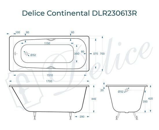 Ванна чугунная Delice Continental 170х70 с отверстиями под ручки DLR230613R_, изображение 5