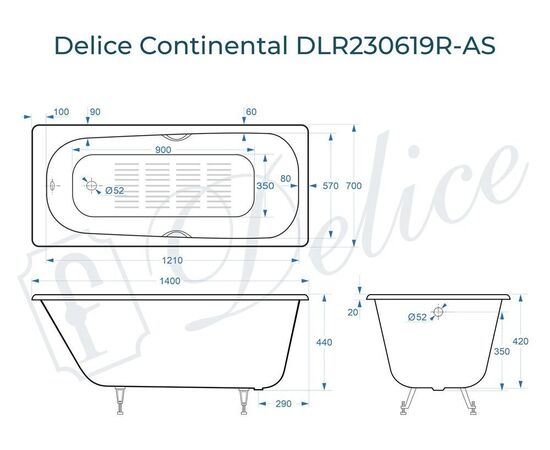 Ванна чугунная Delice Continental 140х70 с отверстиями под ручки и антискользящим покрытием DLR230619R-AS_, изображение 5