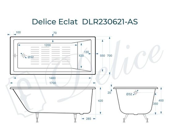 Ванна чугунная Delice Eclat 170х70 с антискользящим покрытием DLR230621-AS_, изображение 5