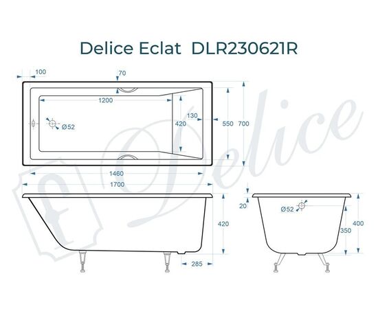 Ванна чугунная Delice Eclat 170х70 с отверстиями под ручки DLR230621R_, изображение 5