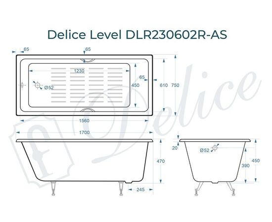 Ванна чугунная Delice Level 170х75 с отверстиями под ручки и антискользящим покрытием DLR230602R-AS_, изображение 3