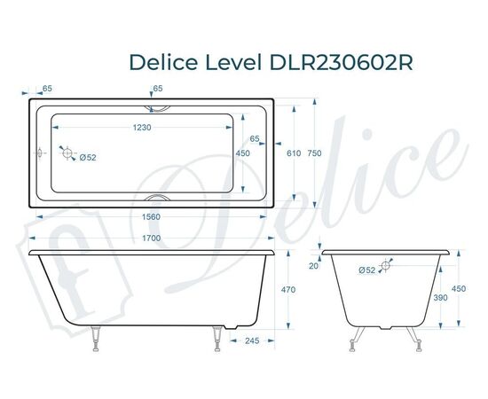 Ванна чугунная Delice Level 170х75 с отверстиями под ручки DLR230602R_, изображение 3