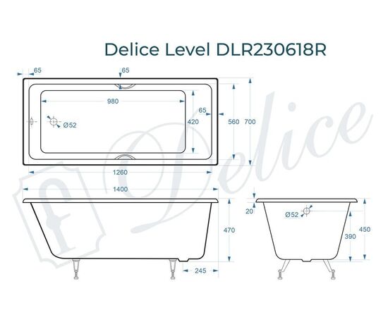 Ванна чугунная Delice Level 140х70 с отверстиями под ручки DLR230618R_, изображение 5