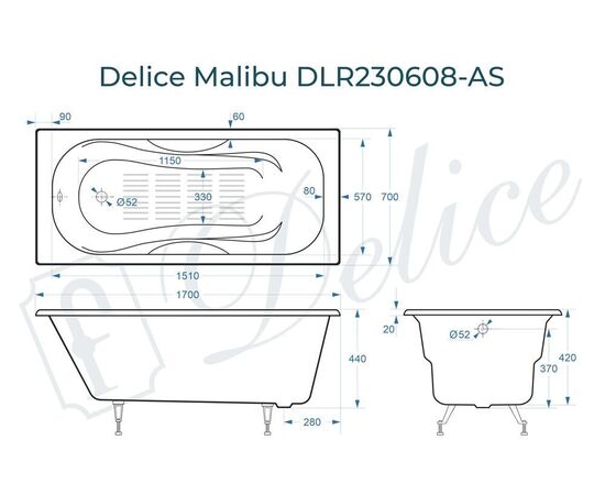 Ванна чугунная Delice Malibu 170х70 с антискользящим покрытием DLR230608-AS_, изображение 5