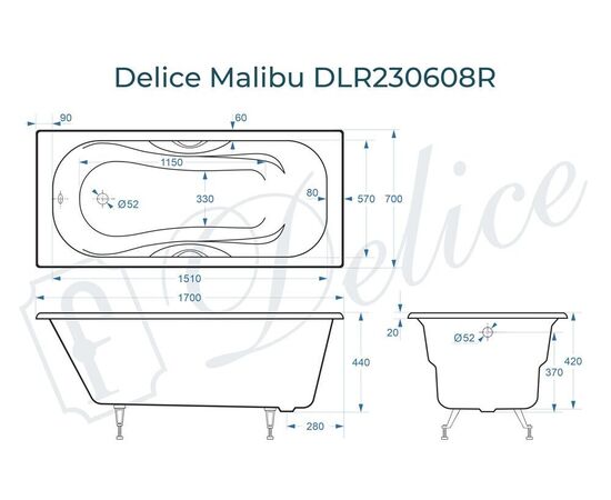 Ванна чугунная Delice Malibu 170х70 с отверстиями под ручки DLR230608R_, изображение 5