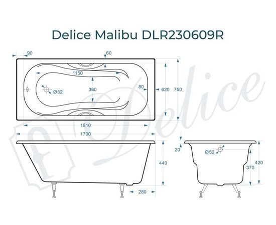 Ванна чугунная Delice Malibu 170х75 с отверстиями под ручки DLR230609R_, изображение 4