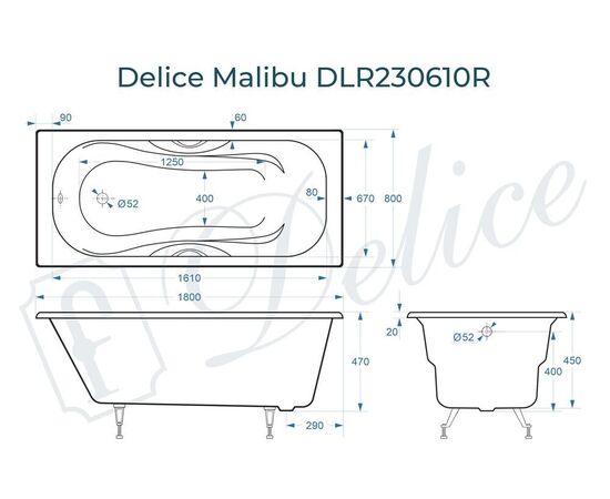 Ванна чугунная Delice Malibu 180х80 с отверстиями под ручки DLR230610R_, изображение 4