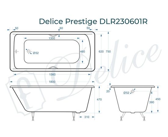 Ванна чугунная Delice Prestige 180х75 с отверстиями под ручки DLR230601R_, изображение 3