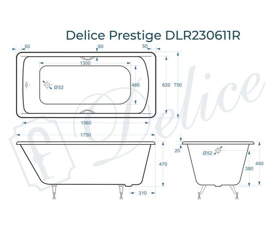 Ванна чугунная Delice Prestige 175х75 с отверстиями под ручки DLR230611R_, изображение 5